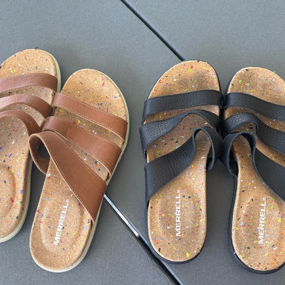 2 Pair - Merrell Cork Footbed Slide Sandals in Tan and Black